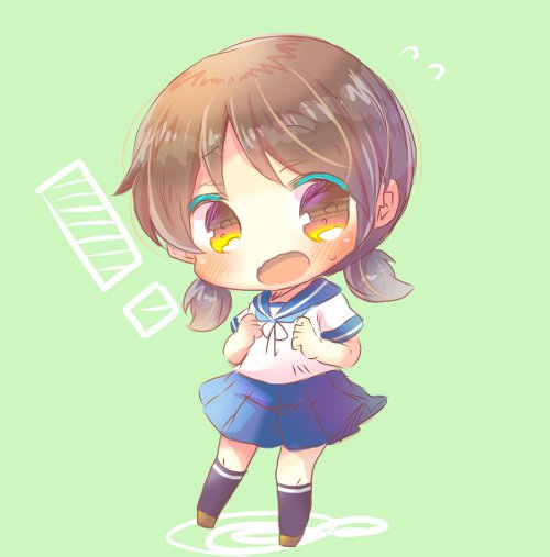 ! 1girl bangs black_legwear blue_sailor_collar blue_skirt blush brown_eyes brown_hair chibi flying_sweatdrops full_body green_background hands_up head_tilt kantai_collection kneehighs kouu_hiyoyo long_hair looking_at_viewer low_twintails neck_ribbon open_mouth parted_bangs pleated_skirt ribbon sailor_collar school_uniform serafuku shirayuki_(kantai_collection) shirt short_sleeves short_twintails simple_background skirt solo standing twintails wavy_mouth white_shirt