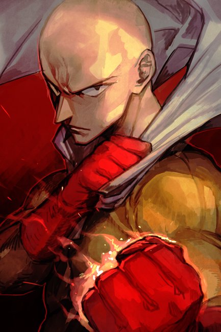 1boy bald bodysuit cape clenched_hands closed_mouth gloves glowing_fist hankuri looking_at_viewer male_focus one-punch_man red_gloves saitama_(one-punch_man) superhero white_cape yellow_bodysuit