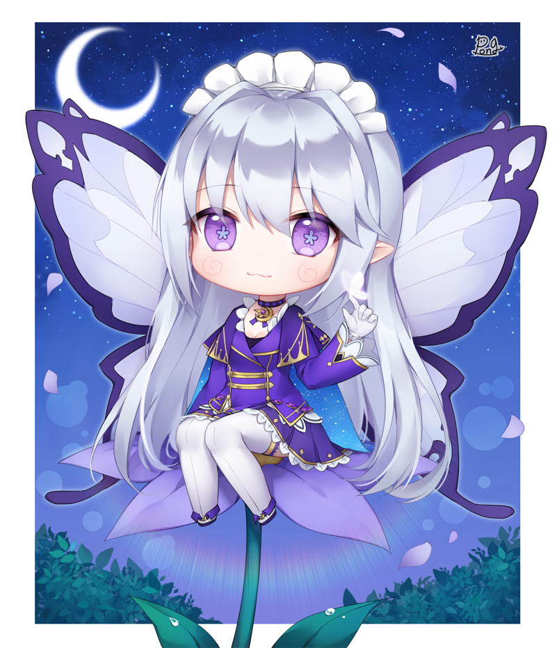 1girl :3 animal animal_on_hand bangs blush butterfly_on_finger chibi closed_mouth commentary_request commission crescent_moon eyebrows_visible_through_hair fairy fairy_wings flower flower-shaped_pupils gloves grey_wings hair_between_eyes hand_up jacket long_hair long_sleeves looking_at_viewer minigirl moon night night_sky on_flower original petals pleated_skirt pong_(vndn124) purple_flower purple_jacket purple_skirt signature silver_hair skirt sky solo star starry_background starry_moon thigh-highs very_long_hair violet_eyes white_footwear white_gloves white_legwear wide_sleeves wings