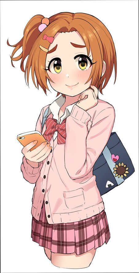 1girl alternate_hairstyle bag blush bow bowtie buttons cardigan cellphone cowboy_shot cropped_legs eyelashes fingernails flower_ornament food gyaru hair_ornament hairclip heart idolmaster idolmaster_cinderella_girls lips looking_at_viewer nail_polish omaru_gyuunyuu onigiri orange_hair orange_nails phone pink_cardigan plaid plaid_skirt pleated_skirt ryuuzaki_kaoru school_bag school_uniform short_hair side_ponytail simple_background skirt smartphone solo striped striped_bow thick_eyebrows white_background yellow_eyes