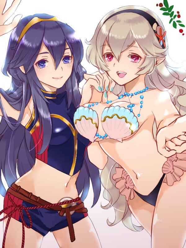 2girls bikini blue_eyes blue_hair breasts female_my_unit_(fire_emblem_if) fingerless_gloves fire_emblem fire_emblem:_kakusei fire_emblem_cipher fire_emblem_heroes fire_emblem_if gloves hair_between_eyes hair_ornament hairband long_hair looking_at_viewer lucina mamkute multiple_girls my_unit_(fire_emblem_if) navel nintendo open_mouth pointy_ears red_eyes renkonmatsuri shell shell_bikini shorts silver_hair smile swimsuit tiara