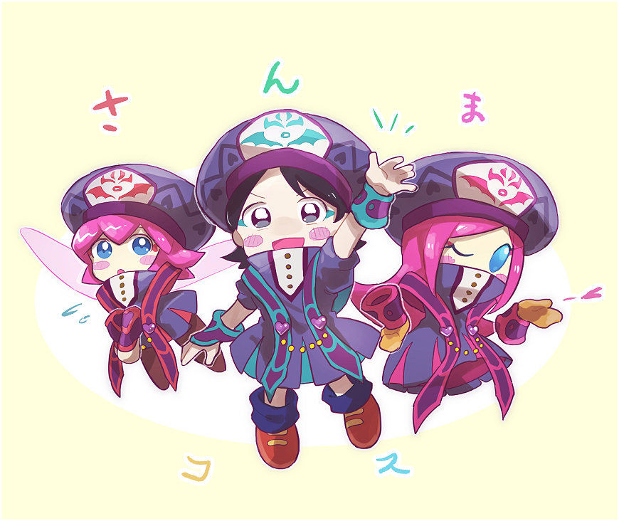 3girls :o adeleine alternate_costume arm_up black_hair blue_eyes blush_stickers chiimako cloak fairy_wings hand_on_hip hat heart kirby:_star_allies kirby_(series) long_hair looking_at_viewer multiple_girls nintendo one_eye_closed open_mouth pink_hair ribbon_(kirby) shawl short_hair simple_background smile susie_(kirby) waving white_background wings