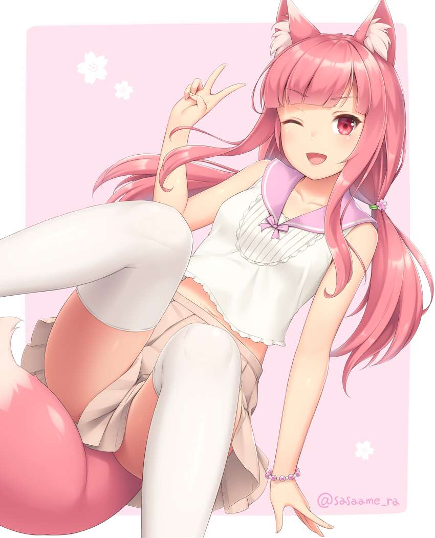 1girl ;d animal_ear_fluff animal_ears eyebrows_visible_through_hair fox_ears fox_girl fox_tail long_hair looking_at_viewer low_twintails navel one_eye_closed open_mouth original pink_hair pleated_skirt red_eyes sailor_collar sasaame shirt skirt sleeveless sleeveless_shirt smile solo tail thigh-highs twintails twitter_username v white_legwear white_shirt