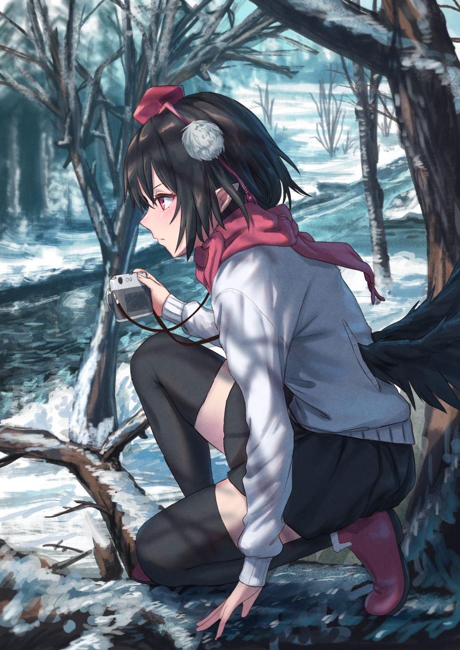 1girl bangs bare_tree black_hair black_legwear black_skirt black_wings camera commentary_request day expressionless feathered_wings flower from_side full_body hair_between_eyes hat highres holding holding_camera jacket long_sleeves low_wings one_knee outdoors pointy_ears pom_pom_(clothes) profile red_eyes red_flower red_footwear red_hat red_scarf roke_(taikodon) scarf shameimaru_aya shoes short_hair skirt snow solo stream tassel thigh-highs thighs tokin_hat touhou tree white_jacket wings winter zettai_ryouiki