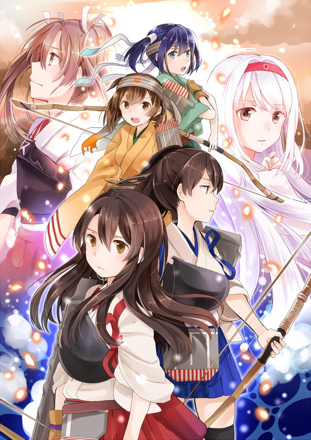 6+girls akagi_(kantai_collection) archery blue_hair bow_(weapon) breasts brown_eyes brown_hair closed_mouth flight_deck gloves green_eyes grey_hair hair_ribbon hairband hakama hakama_skirt headband highres hiryuu_(kantai_collection) japanese_clothes kaga_(kantai_collection) kantai_collection kyuudou large_breasts long_hair multiple_girls muneate one_side_up open_mouth partly_fingerless_gloves ribbon short_hair shoukaku_(kantai_collection) side_ponytail souryuu_(kantai_collection) straight_hair tasuki thigh-highs twintails weapon white_hair white_ribbon yunamaro zuikaku_(kantai_collection)