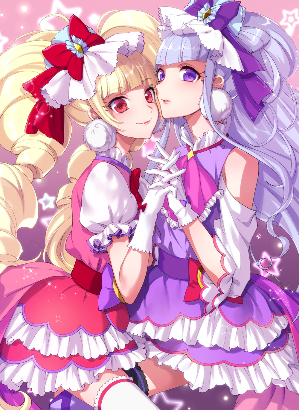 2girls aisaki_emiru bangs black_legwear blonde_hair blunt_bangs bow cure_amour cure_macherie eyebrows_visible_through_hair gloves hair_bow hand_holding highres hugtto!_precure interlocked_fingers layered_skirt long_hair miniskirt multiple_girls parted_lips precure purple_bow purple_hair purple_skirt red_eyes red_skirt ruru_amour shiny shiny_hair short_sleeves shoulder_cutout skirt smile thigh-highs tsuru_ringo twintails very_long_hair violet_eyes white_gloves white_legwear zettai_ryouiki