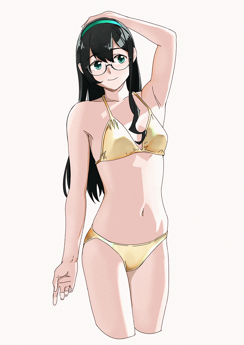 1girl band bikini black_hair blue_hairband breasts collarbone cowboy_shot cropped_legs gold_bikini green_eyes hairband hand_on_own_head kantai_collection long_hair looking_to_the_side navel ojipon ooyodo_(kantai_collection) semi-rimless_eyewear simple_background small_breasts smile solo swimsuit under-rim_eyewear white_background