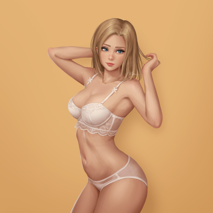 1girl artist_name blonde_hair blue_eyes bra breasts cleavage collarbone cowboy_shot hair_down hair_tousle hands_in_hair lace lace-trimmed_bra light_smile lingerie lips looking_at_viewer looking_to_the_side medium_breasts medium_hair mercy_(overwatch) navel nose overwatch panties red_lips signature simple_background solo tan_background umigraphics underwear underwear_only white_bra white_panties