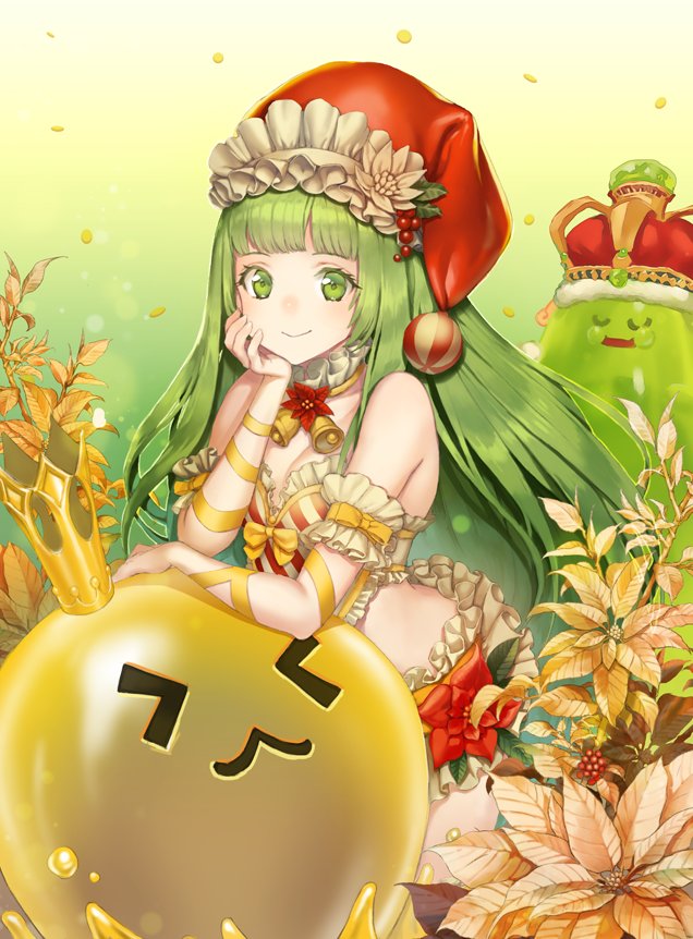 &gt;_&lt; 1girl :3 armband bangs bare_shoulders bell bikini blunt_bangs breasts closed_mouth collar commentary_request crown destiny_child detached_collar frilled_armband frilled_bikini frilled_collar frills green_eyes green_hair hair_ornament hand_on_own_cheek hat head_rest hiwawa holly_hair_ornament jingle_bell krampus_(destiny_child) long_hair looking_at_viewer mini_crown ribbon santa_costume santa_hat slime small_breasts smile solo striped_clothes swimsuit tilted_headwear very_long_hair yellow_ribbon