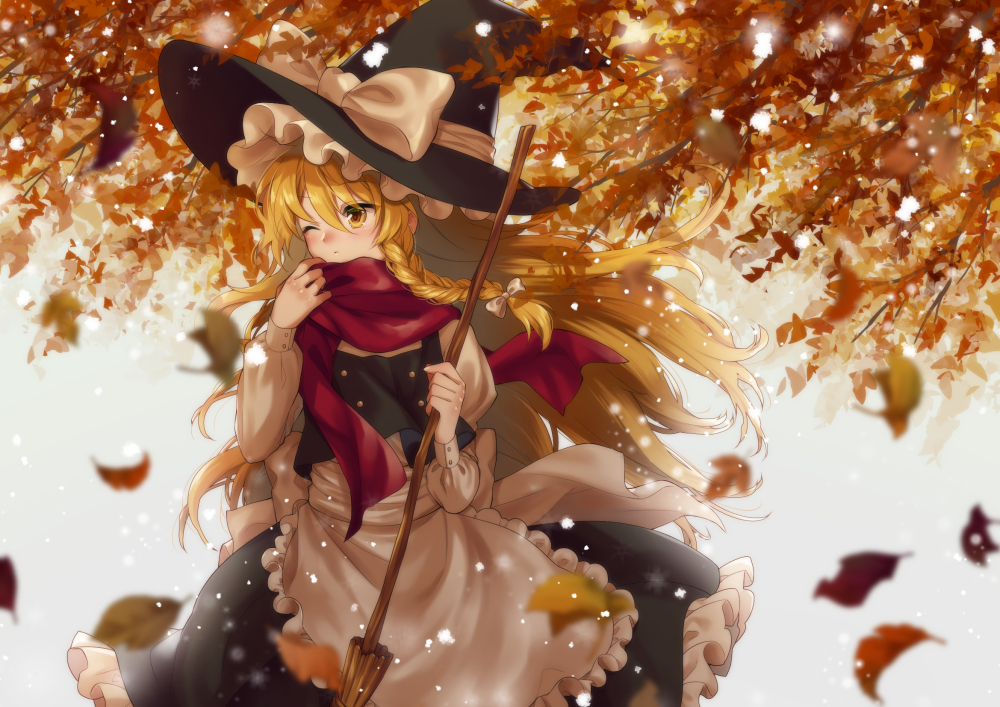 1girl apron arm_up autumn_leaves black_skirt black_vest blonde_hair blurry braid broom commentary_request cowboy_shot depth_of_field expressionless finger_to_face frilled_skirt frills hair_between_eyes hair_blowing hair_ribbon hat hat_ribbon holding holding_broom juliet_sleeves kirisame_marisa kirisita light_particles long_hair long_sleeves looking_to_the_side one_eye_closed puffy_sleeves red_scarf ribbon scarf shirt single_braid skirt solo standing touhou tree tress_ribbon very_long_hair vest waist_apron white_background white_shirt wind witch_hat yellow_eyes