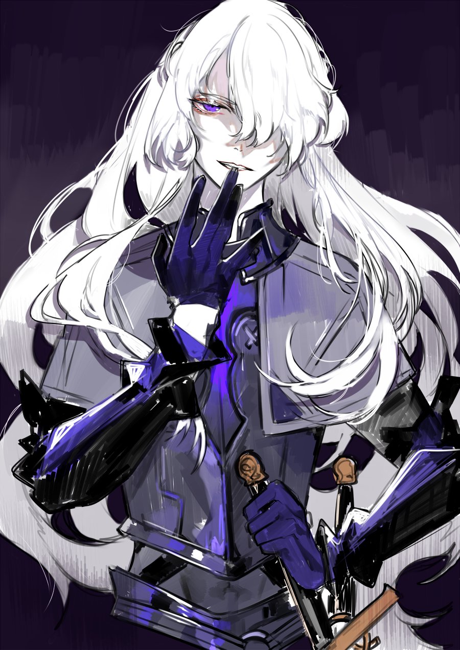 1boy armor biting capelet fate/requiem fate_(series) galahad_(fate) galahad_alter glove_biting gloves gradient gradient_background hair_over_one_eye highres looking_at_viewer male_focus shei99 simple_background solo sword upper_body violet_eyes weapon white_hair white_skin