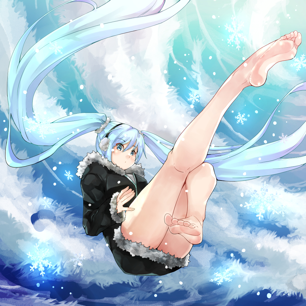 1girl ass bangs bare_legs barefoot black_dress blue_eyes blue_hair blue_sky blush closed_mouth clouds cloudy_sky day dress earmuffs eiji_(eiji) eyebrows_visible_through_hair feet fingernails full_body fur-trimmed_sleeves fur_trim hair_between_eyes hatsune_miku legs_up long_hair long_sleeves looking_at_viewer outdoors sky sleeves_past_wrists snowflakes snowing soles solo twintails very_long_hair vocaloid