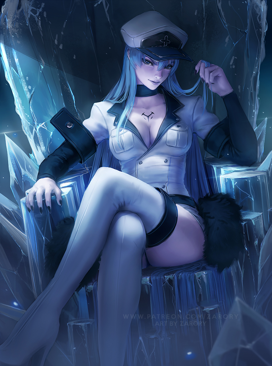 1girl akame_ga_kill! bangs black_nails blue_eyes blue_hair boots breasts choker cleavage esdeath frost hair_between_eyes hat high_heels highres holding holding_hair ice large_breasts legs_crossed long_hair looking_at_viewer military military_uniform nail_polish parted_lips peaked_cap pinup sitting smile solo tattoo thigh-highs thigh_boots thighs throne uniform very_long_hair white_thigh_boots white_thighhighs zarory