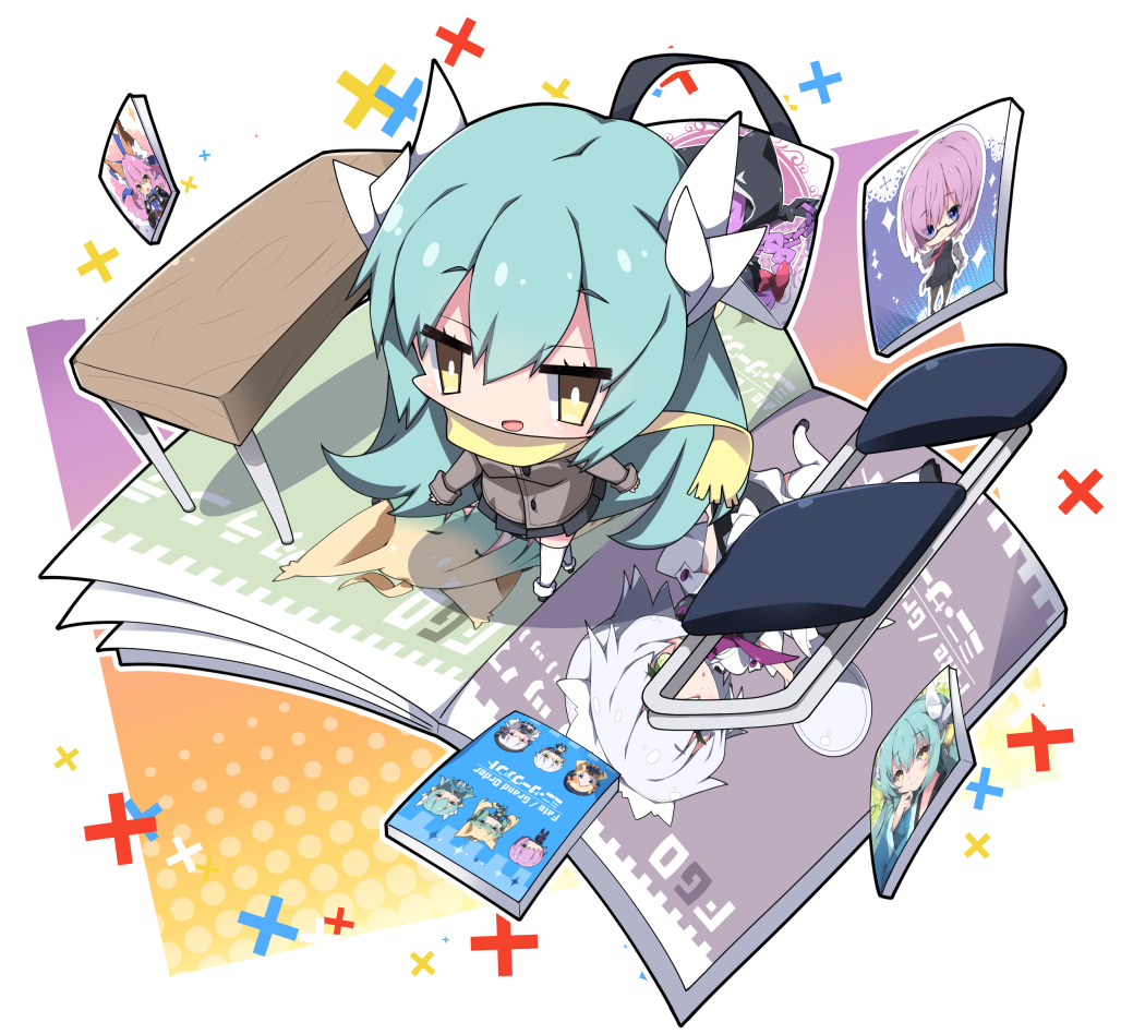1girl :d abigail_williams_(fate/grand_order) atalanta_(fate) bangs black_footwear black_skirt blush book brown_eyes brown_jacket chair chibi commentary_request dragon_horns eyebrows_visible_through_hair fate/grand_order fate_(series) folding_chair from_above green_hair hair_between_eyes halftone horns jack_the_ripper_(fate/apocrypha) jacket kiyohime_(fate/grand_order) long_hair long_sleeves mash_kyrielight medusa_(lancer)_(fate) milkpanda nursery_rhyme_(fate/extra) open_book open_mouth pleated_skirt rider skirt sleeves_past_wrists smile solo table tamamo_(fate)_(all) tamamo_no_mae_(fate) thigh-highs very_long_hair white_legwear x