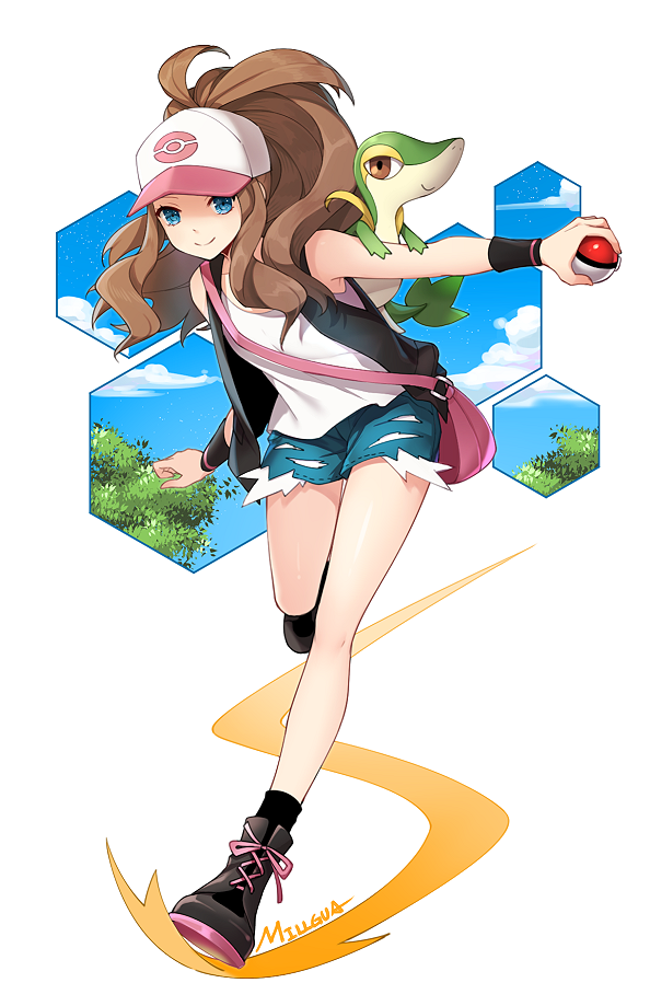 1girl black_footwear black_jacket black_legwear blue_eyes blue_shorts boots brown_hair creatures_(company) game_freak gen_5_pokemon hat high_ponytail holding holding_poke_ball jacket leg_up long_hair looking_at_viewer millgua nintendo open_clothes open_jacket outstretched_arm peaked_cap poke_ball poke_ball_print pokemon pokemon_(game) pokemon_bw print_hat shirt short_shorts shorts sleeveless sleeveless_shirt smile snivy solo torn_clothes torn_shorts touko_(pokemon) very_long_hair white_background white_shirt wristband