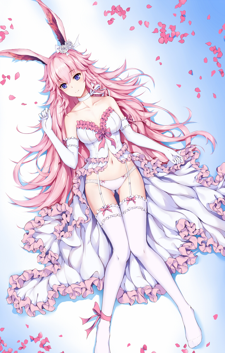1girl animal_ears ankle_ribbon bangs bare_shoulders blue_eyes blush bow collarbone dress elbow_gloves eyebrows_visible_through_hair flower frilled_dress frilled_gloves frilled_legwear frills garter_straps gloves gluteal_fold hair_flower hair_ornament honkai_(series) honkai_impact_3 long_hair looking_at_viewer lying navel neck_ribbon on_back open_clothes open_dress panties petals pink_bow pink_hair pink_ribbon rabbit_ears ribbon rose shibanme_tekikumo smile solo strapless strapless_dress thigh-highs underwear very_long_hair white_flower white_gloves white_legwear white_panties white_ribbon white_rose yae_sakura_(honkai_impact)