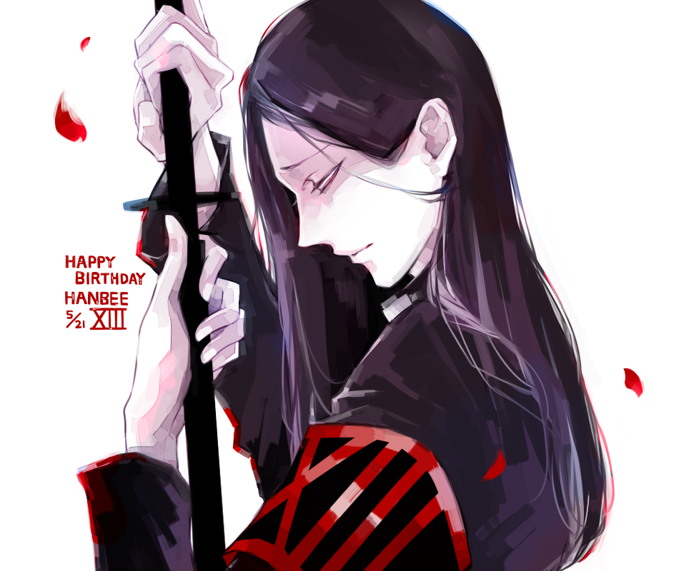 1boy abara_hanbee arm_up bangs black_hair black_jacket blood bloody_clothes character_name closed_mouth from_side hair_behind_ear half-closed_eye happy_birthday holding holding_weapon jacket katana kenkoumineral13 long_hair looking_down no_pupils number out_of_frame pale_skin parted_bangs roman_numerals simple_background solo sword tokyo_ghoul tokyo_ghoul:re upper_body weapon white_background