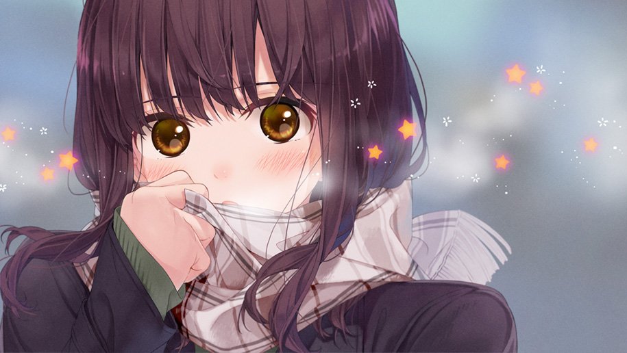 amamiya_chiharu brown_eyes brown_hair covering_mouth holding_scarf long_sleeves medium_hair original scarf star winter_clothes