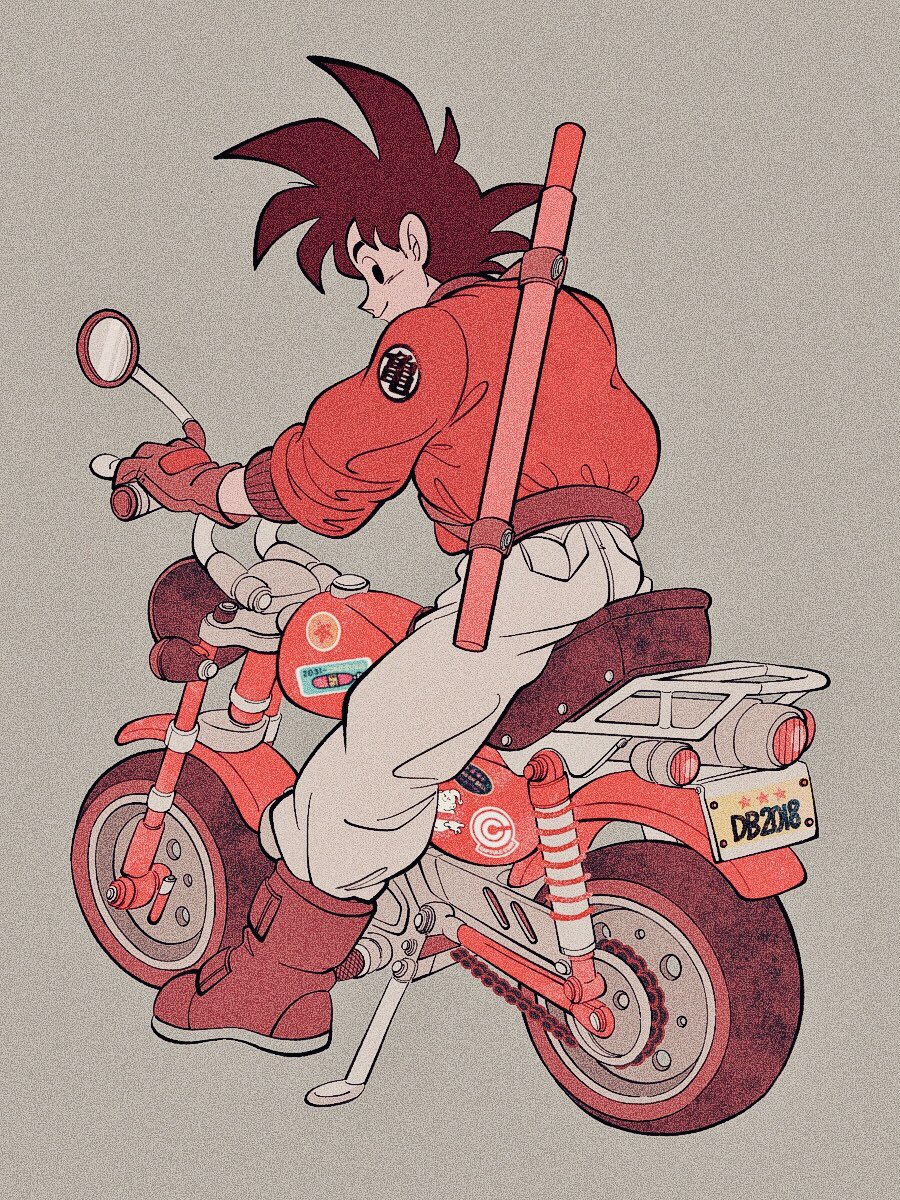 1boy 2018 belt black_eyes black_hair boots capsule_corp clothes_writing copyright_name dragon_ball dragon_ball_(object) dragonball_z full_body gloves grey_background ground_vehicle happy highres jacket license_plate looking_back majin_buu male_focus mirror motor_vehicle motorcycle nyoibo on_motorcycle profile riding short_hair simple_background smile son_gokuu spiky_hair star sticker uzuta vehicle