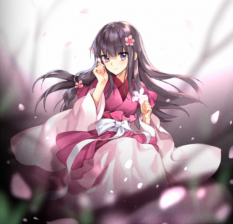 1girl blurry blurry_background blurry_foreground closed_mouth depth_of_field eyebrows_visible_through_hair flower grey_hair hair_flower hair_ornament hand_up holding japanese_clothes kangetsu_(fhalei) kimono long_sleeves looking_at_viewer obi original petals pink_flower sash smile solo violet_eyes