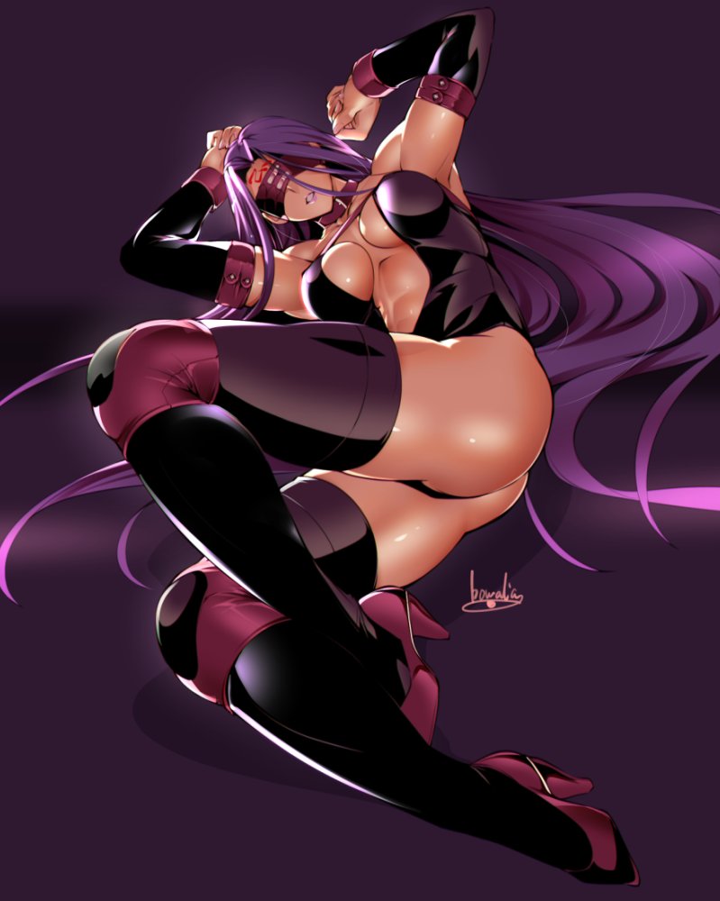1girl abs armpits artist_name ass blindfold boots bowalia breasts cleavage_cutout collar collarbone detached_sleeves facial_mark fate/grand_order fate/stay_night fate_(series) forehead_mark gloves hands_above_head high_heels knee_pads leotard long_hair lying medium_breasts medusa_(fate) on_side parted_lips purple_hair rider signature solo strapless thigh-highs thigh_boots very_long_hair