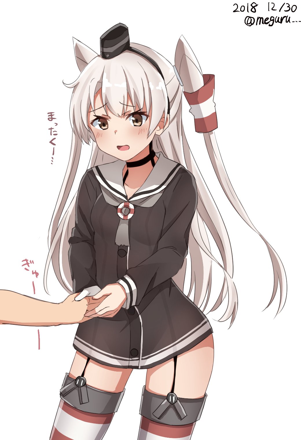 1girl 1other amatsukaze_(kantai_collection) brown_dress brown_eyes commentary_request contrapposto cowboy_shot dress garter_straps gloves hair_tubes hat highres holding_hand kantai_collection long_hair meguru_(megurunn) mini_hat red_legwear sailor_dress short_dress silver_hair simple_background single_glove standing striped striped_legwear thigh-highs translated two_side_up white_background white_gloves windsock