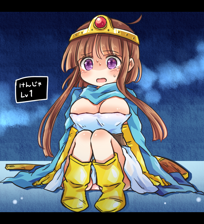 1girl bangs blunt_bangs blush boots breasts brown_hair cape circlet cleavage commentary_request cosplay dragon_quest dragon_quest_iii dress elbow_gloves eyebrows_visible_through_hair full_body gloves knees_together_feet_apart knees_up large_breasts letterboxed looking_at_viewer nishida_satono pote_(ptkan) sage_(dq3) sage_(dq3)_(cosplay) short_hair_with_long_locks sidelocks sitting solo sweat tears touhou translated violet_eyes white_dress yellow_footwear yellow_gloves