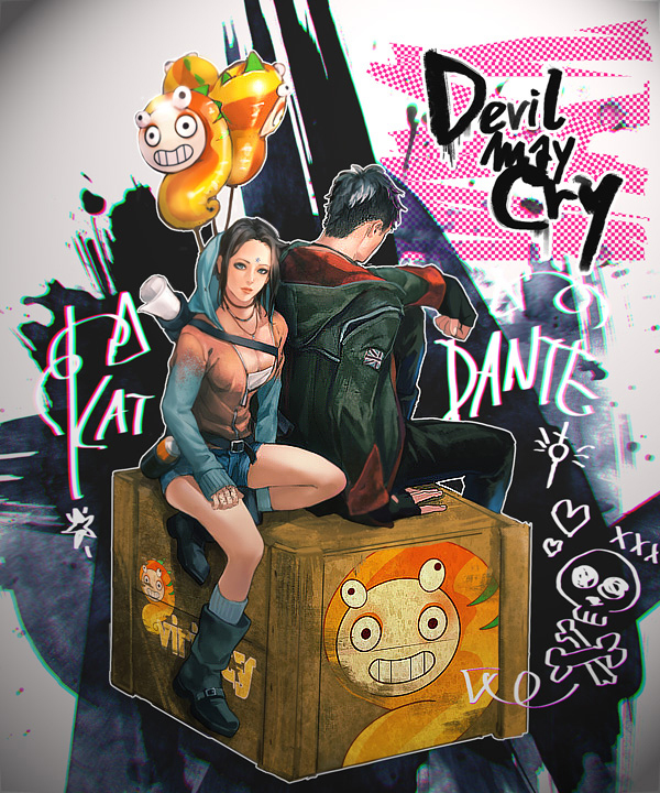 1boy 1girl balloon black_hair blue_eyes box breasts cleavage closed_mouth commentary_request dante_(dmc:_devil_may_cry) devil_may_cry dmc:_devil_may_cry facial_mark fingerless_gloves forehead_mark gloves hood hoodie jacket jewelry kat_(devil_may_cry) medium_hair necklace spray_can union_jack
