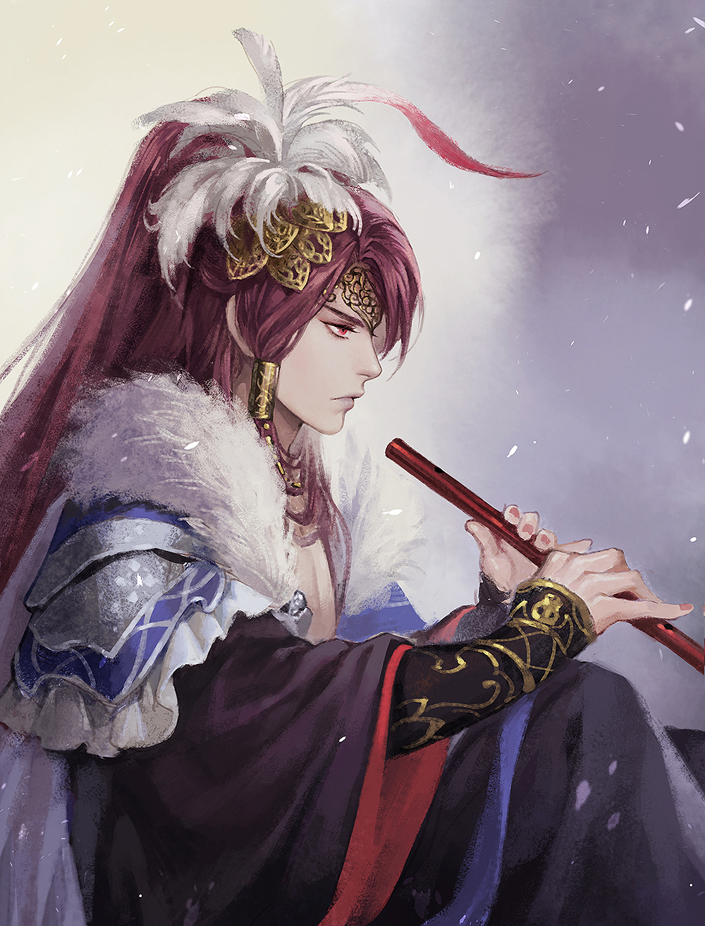 1boy cape closed_mouth feathers fingernails fur_trim hair_feathers hair_tubes headpiece highres holding jewelry kangetsu_(fhalei) long_sleeves male_focus nail_polish necklace pink_nails ponytail red_eyes redhead sha_wu_sheng sitting solo thunderbolt_fantasy