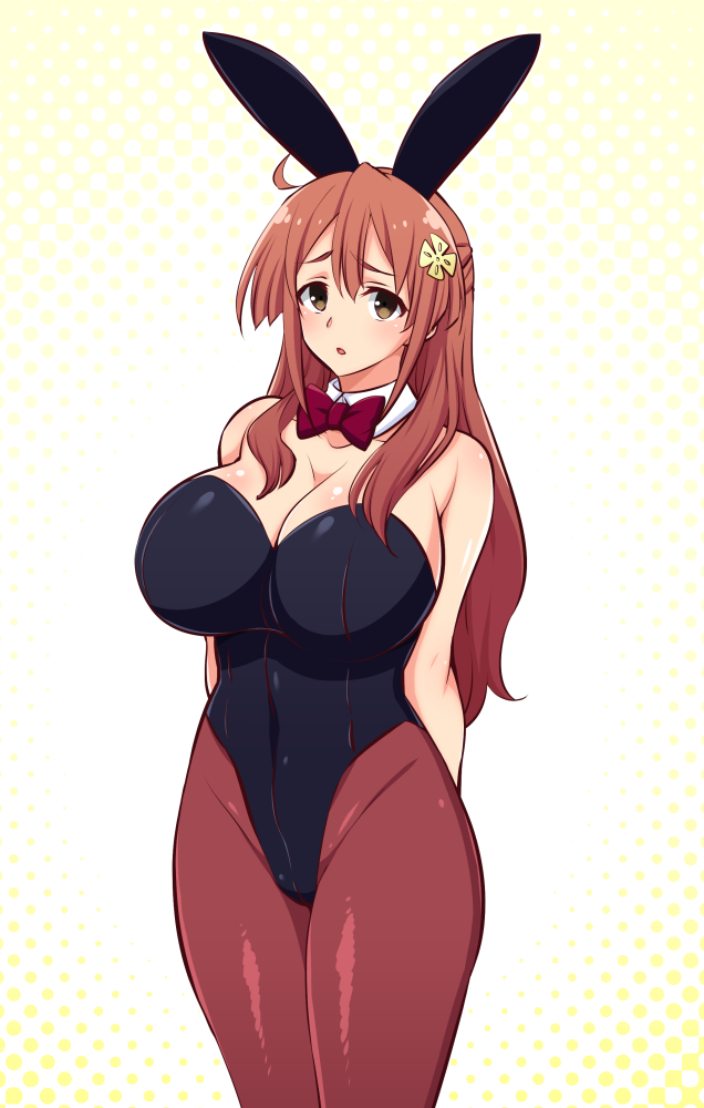 1girl animal_ears arms_behind_back bare_shoulders black_leotard blush bow bowtie breasts brown_eyes brown_hair brown_legwear bunny_girl bunnysuit cleavage cowboy_shot crotch_seam detached_collar fake_animal_ears gabayo hair_down hair_ornament highleg highleg_leotard large_breasts leotard long_hair looking_at_viewer open_mouth pantyhose rabbit_ears sakura_quest shinomiya_shiori solo strapless strapless_leotard