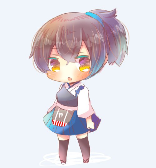 1girl :o bangs blue_background blue_skirt blush brown_eyes brown_hair brown_legwear chibi eyebrows_visible_through_hair full_body hair_between_eyes japanese_clothes kaga_(kantai_collection) kantai_collection kimono kouu_hiyoyo long_sleeves looking_at_viewer parted_lips pleated_skirt ponytail short_kimono skirt solo standing thigh-highs white_kimono