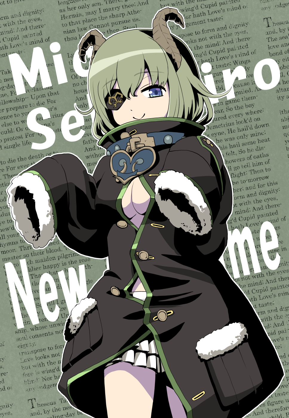 1girl blue_eyes breasts buttons character_name cleavage closed_mouth coat collar demon_girl demon_horns eyepatch green_hair haniwa_(leaf_garden) highres honey_strap horns looking_at_viewer miniskirt newsprint_background oversized_clothes pleated_skirt sekishiro_mico short_hair skirt sleeves_past_fingers sleeves_past_wrists smile solo thighs under_boob virtual_youtuber white_skirt