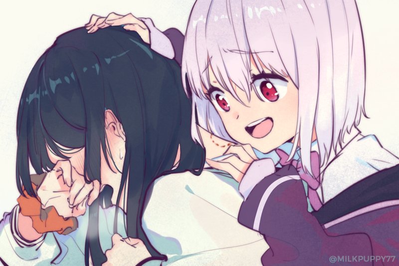 bangs black_hair blush bow collared_shirt covering_face embarrassed hand_in_hair hand_on_another's_head jacket lavender_hair long_hair long_sleeves milk_puppy off_shoulder orange_scrunchie purple_bow purple_jacket red_eyes scrunchie shinjou_akane shirt sleeves_past_wrists ssss.gridman takarada_rikka twitter_username white_cardigan white_shirt wrist_scrunchie