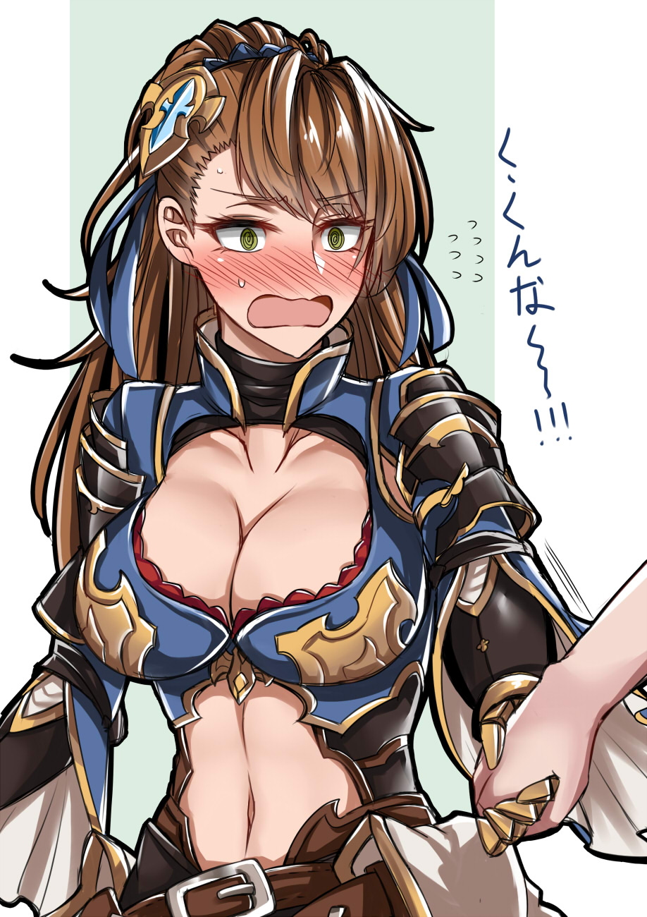 1girl @_@ beatrix_(granblue_fantasy) belt blue_ribbon blush breasts brown_hair cleavage cleavage_cutout collarbone commentary_request embarrassed eyebrows_visible_through_hair flying_sweatdrops granblue_fantasy green_eyes hair_ornament hair_ribbon hairclip hand_holding highres large_breasts long_hair navel nose_blush open_mouth out_of_frame ponytail ribbon sanmotogoroo simple_background solo_focus translated upper_body
