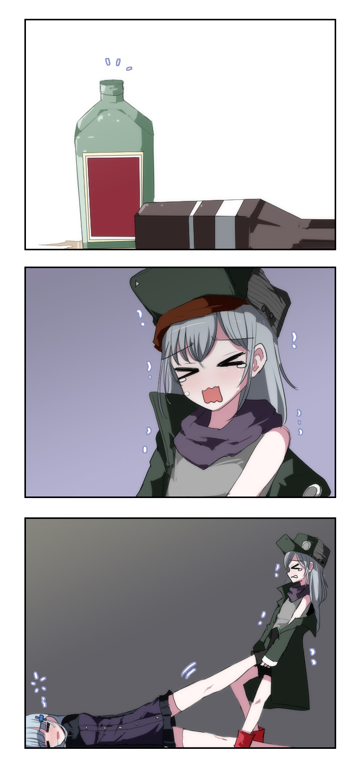 &gt;_&lt; 2girls alcohol artist_request blue_hair bottle crying dragging drunk g11_(girls_frontline) girls_frontline grey_hair highres hk416_(girls_frontline) multiple_girls shoes shorts skirt sleeping thigh-highs wine_bottle