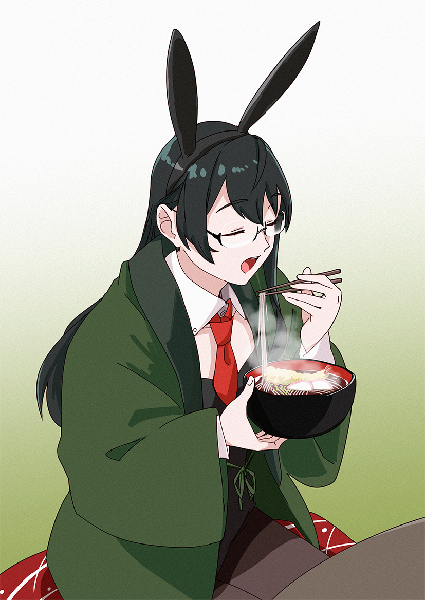 1girl animal_ears black_leotard breasts bunny_tail bunnysuit closed_eyes cushion detached_collar eating food gradient gradient_background green_background hairband hanten_(clothes) kantai_collection leotard long_hair necktie noodles ojipon ooyodo_(kantai_collection) open_mouth pantyhose rabbit_ears ramen red_neckwear seiza semi-rimless_eyewear simple_background sitting small_breasts solo steam strapless strapless_leotard tail under-rim_eyewear wrist_cuffs