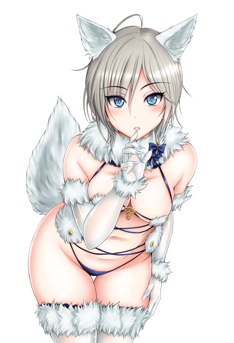 1girl ahoge anastasia_(idolmaster) animal_ears arm_at_side bangs bare_shoulders blue_bikini_bottom blue_eyes blush breasts cleavage cowboy_shot elbow_gloves eyebrows_visible_through_hair eyelashes finger_to_mouth fingernails fur-trimmed_gloves fur-trimmed_legwear fur_collar fur_trim gloves groin hair_between_eyes hand_up highres idolmaster idolmaster_cinderella_girls leaning_forward looking_at_viewer medium_breasts navel otone parted_lips revealing_clothes sharp_fingernails short_hair silver_hair simple_background solo standing stomach tail thigh-highs white_background white_gloves white_legwear wolf_ears wolf_tail