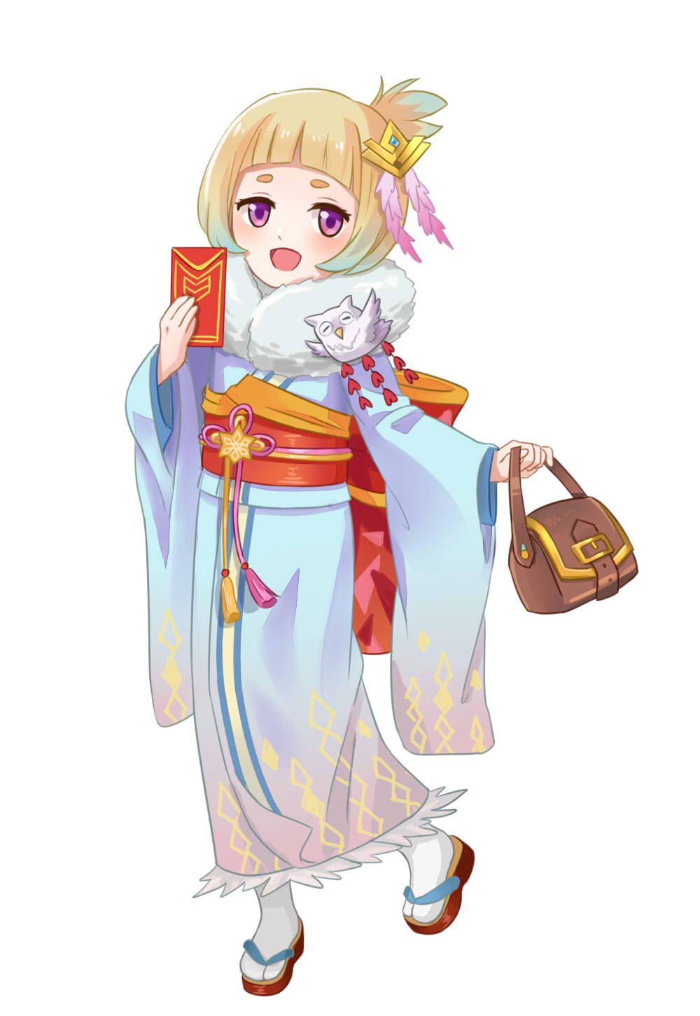 1girl alternate_costume alternate_hairstyle blue_hair feh_(fire_emblem_heroes) fire_emblem fire_emblem_heroes full_body gradient_hair hair_ornament highres hraaat japanese_clothes kimono long_sleeves multicolored_hair nintendo obi open_mouth sandals sash short_hair simple_background solo tabi violet_eyes white_background white_hair wide_sleeves ylgr_(fire_emblem_heroes)