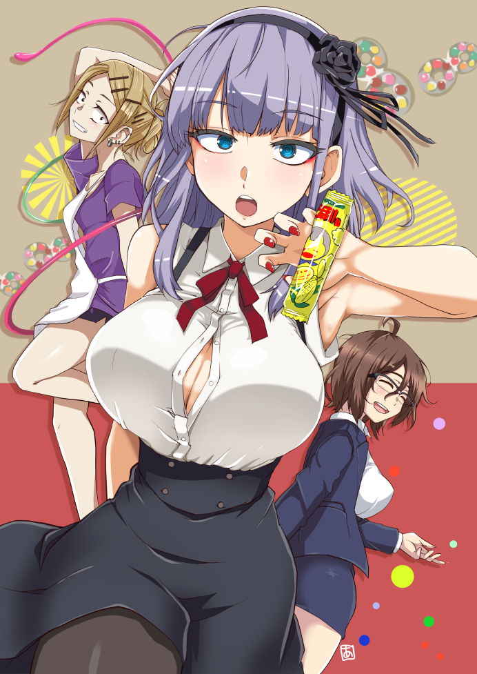 3girls :o ^_^ ^o^ aoi_manabu apron armpits bare_shoulders blonde_hair blue_eyes breasts brown_hair cleavage closed_eyes closed_eyes dagashi_kashi ear_piercing earrings endou_saya eyelashes eyeliner glasses grin hair_ornament hairband jewelry looking_at_viewer makeup multiple_girls nail_polish owari_hajime piercing purple_hair red_nails shidare_hotaru skirt sleeveless smile