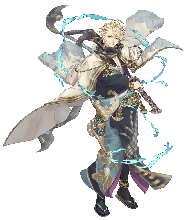 1boy aladdin_(sinoalice) anklet blonde_hair blue_eyes bracelet eyebrows_visible_through_hair eyes_visible_through_hair full_body gold_trim hair_over_one_eye hand_on_hilt japanese_clothes jewelry ji_no katana kimono looking_at_viewer official_art oil_lamp one_eye_closed sandals scarf sheath sinoalice smile socks solo sword transparent_background weapon wide_sleeves