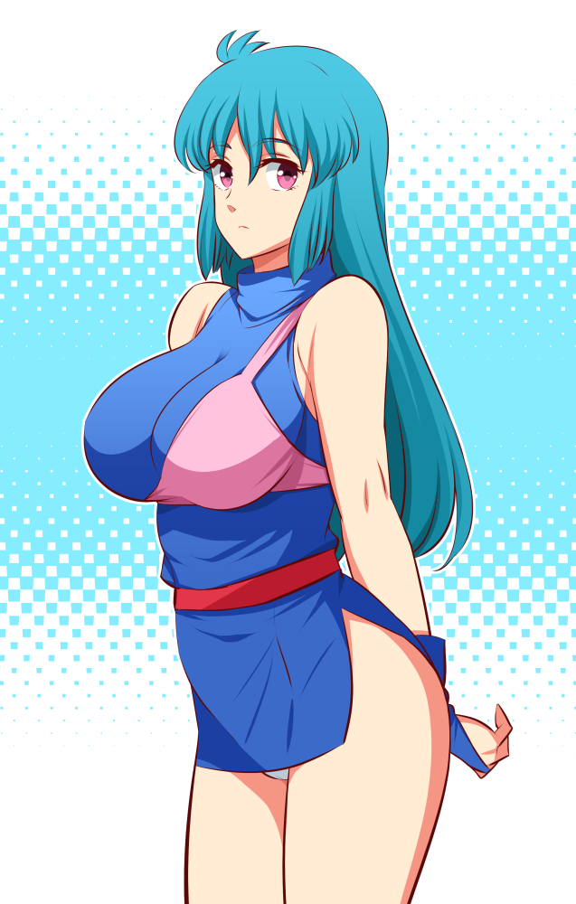 1girl bare_shoulders blue_dress blue_hair breasts character_request copyright_request dress gabayo hair_between_eyes large_breasts long_hair looking_at_viewer microdress muneate panties sash short_dress side_slit solo underwear violet_eyes white_panties