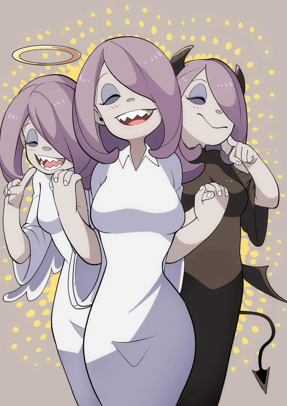 3girls alternate_breast_size angel_and_devil angel_wings aura birthday black_dress blush breasts closed_eyes closed_mouth collar commentary_request dark_persona demon_horns demon_tail demon_wings dress eyeshadow grey_background hair_over_one_eye halo hand_holding highres horns light_persona little_witch_academia long_hair makeup medium_breasts multiple_girls multiple_persona nightgown open_mouth pajamas pink_hair popopo sharp_teeth sucy_manbavaran tail teeth white_dress white_nightgown white_pajamas wide_sleeves wings