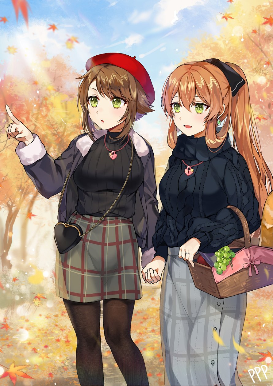 2girls aran_sweater bag bangs beret blue_sky blush breasts brown_hair brown_legwear casual coat commission day earrings eyebrows_visible_through_hair fur-trimmed_coat fur_trim gijang girls_frontline green_eyes hair_between_eyes hair_ribbon hair_rings handbag hat highres jewelry kantai_collection large_breasts long_hair looking_afar m1903_springfield_(girls_frontline) multiple_girls mutsu_(kantai_collection) open_mouth outdoors pantyhose picnic_basket pointing ponytail red_hat ribbed_sweater ribbon ring short_hair sidelocks skirt sky smile sweater tree turtleneck turtleneck_sweater wedding_band