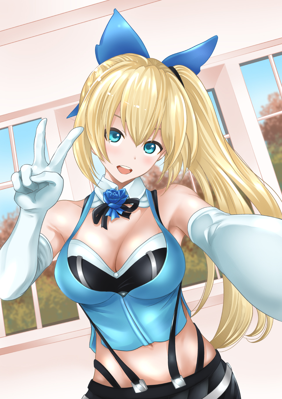 1girl :d armpits bare_shoulders blonde_hair blue_eyes breasts cleavage elbow_gloves gloves hair_ornament highres long_hair looking_at_viewer midriff mirai_akari mirai_akari_project navel okumori_boy open_mouth side_ponytail sleeveless smile solo suspenders teeth v white_gloves