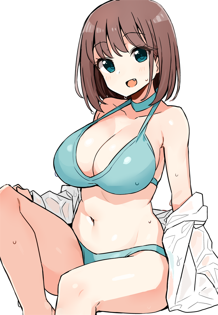 1girl :d aqua_bikini bangs bare_arms bare_legs bare_shoulders bikini blue_eyes blush breasts brown_hair choker cleavage collarbone eyebrows_visible_through_hair fang groin halterneck head_tilt invisible_chair jacket knee_up large_breasts long_sleeves looking_at_viewer navel off_shoulder open_clothes open_jacket open_mouth saki shisoneri short_hair sidelocks simple_background sitting smile solo stomach sweat swimsuit thighs unozawa_shiori wet wet_clothes white_background white_jacket