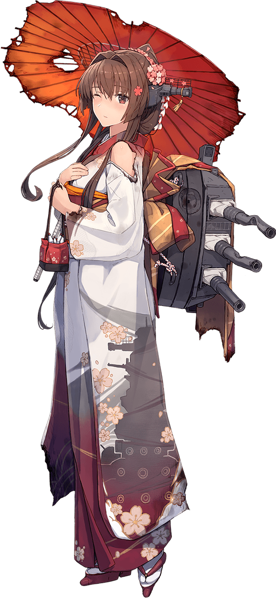 1girl alternate_costume bag blush brown_eyes brown_hair closed_mouth dent embarrassed floral_print flower frown full_body furisode hair_flower hair_intakes hair_ornament highres holding holding_bag japanese_clothes kantai_collection kimono long_hair looking_at_viewer official_art one_eye_closed orange_umbrella oriental_umbrella range_finder shizuma_yoshinori sidelocks solo standing tied_hair torn_clothes torn_umbrella transparent_background turret type_91_armor-piercing_shell umbrella white_kimono wide_sleeves yamato_(battleship) yamato_(kantai_collection)