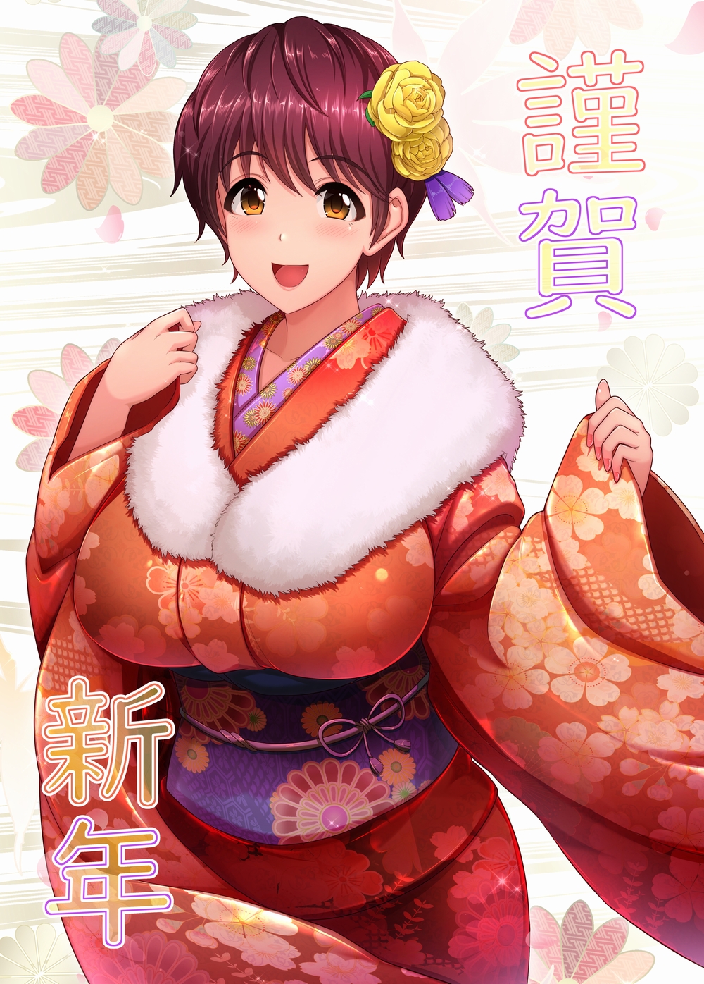 1girl :d bangs blush breasts brown_hair eyebrows_visible_through_hair floral_print flower hair_flower hair_ornament highres idolmaster idolmaster_cinderella_girls japanese_clothes kimono large_breasts long_sleeves looking_at_viewer new_year obi oikawa_shizuku open_mouth redhead sash short_hair smile solo umasan wide_sleeves yellow_flower