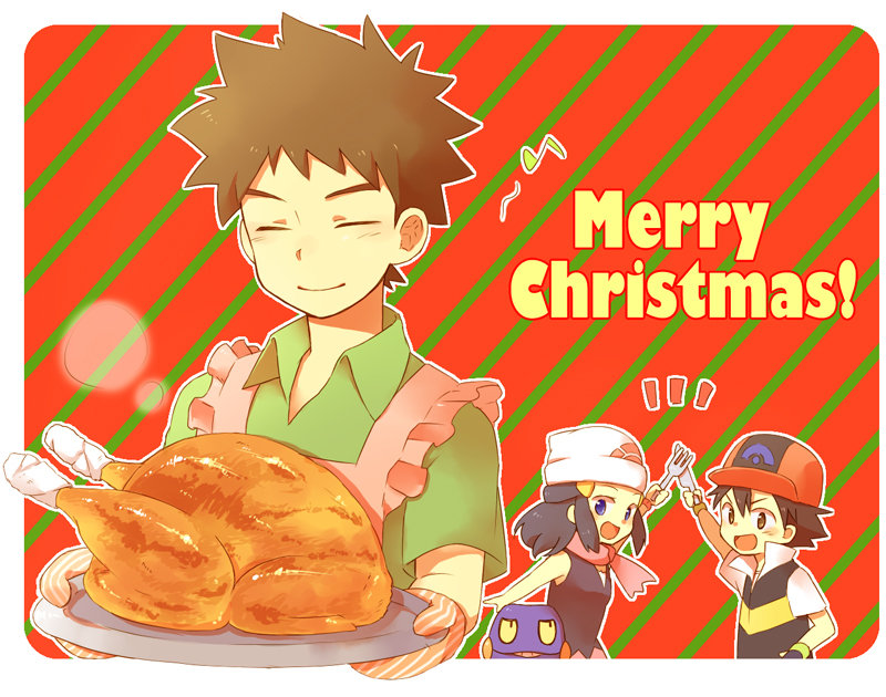 &gt;:d 1girl 2boys :d apron baseball_cap beanie black_dress black_hair christmas closed_eyes closed_mouth collared_shirt creature creatures_(company) croagunk diagonal-striped_background diagonal_stripes dress emphasis_lines food fork game_freak gen_4_pokemon green_shirt hair_ornament happy hat hikari_(pokemon) holding holding_fork holding_knife holding_plate knife looking_at_another medium_hair merry_christmas mittens multiple_boys musical_note nintendo open_mouth plate pokemon pokemon_(anime) pokemon_(creature) pokemon_dp_(anime) red_background red_hat satoshi_(pokemon) shirt short_sleeves sleeveless sleeveless_dress smile spiky_hair striped striped_background takeshi_(pokemon) tsukushi_(clunker) turkey_(food) white_hat yellow_eyes