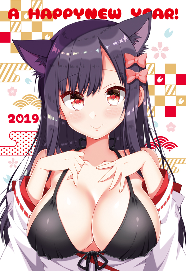 1girl 2019 animal_ear_fluff animal_ears bangs bare_shoulders bikini black_bikini black_hair blush breasts character_request cleavage closed_mouth collarbone commentary_request egasumi eyebrows_visible_through_hair fingernails front-tie_bikini front-tie_top futaba-san_chi_no_kyoudai hands_up happy_new_year japanese_clothes kimono kimono_pull large_breasts long_hair long_sleeves looking_at_viewer new_year red_eyes ribbon-trimmed_sleeves ribbon_trim smile solo swimsuit tsukudani_norio white_kimono