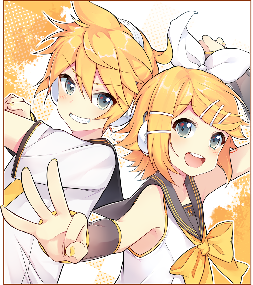 1boy 1girl anniversary aqua_eyes arm_tattoo armpits back-to-back bare_shoulders bass_clef blonde_hair blush bow brother_and_sister crossed_arms detached_sleeves eyebrows_visible_through_hair flat_chest foreshortening fortissimo grin hair_bow hair_ornament hairclip happy_birthday headphones headset kagamine_len kagamine_len_(vocaloid4) kagamine_rin kagamine_rin_(vocaloid4) nail_polish necktie ok_sign sailor_collar shirt short_hair siblings sleeveless sleeveless_shirt smile tareme tattoo treble_clef tsurime twins v4x vocaloid yellow_nails zazuzu